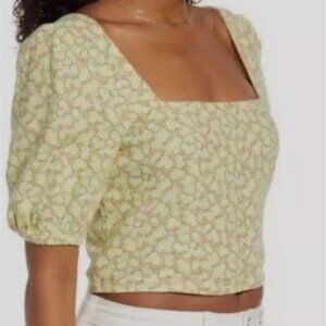 Nordstrom BP. Yellow Floral Crop Top Linen Blend Puff Sleeve Square Neck Size 1X